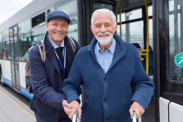 Bus driver helping senior man with walker boarding city bus