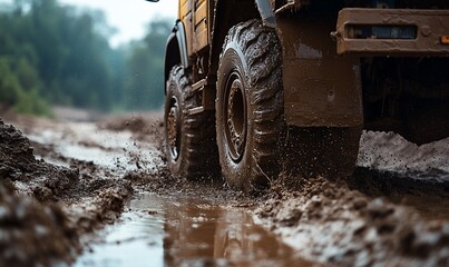 Navigating challenging terrains: A heavy-duty truck conquering a muddy and watery path