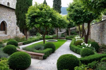 Tranquil formal garden with stone pathway and lush green bushes