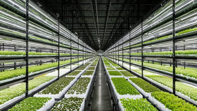 Indoor Vertical Farm with Green Leafy Vegetables Under Bright LED Lights