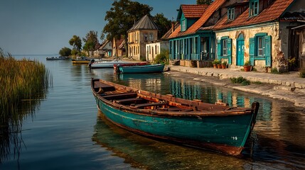 Tranquil Lakeside Village: Boats and Houses Reflecting Serenity