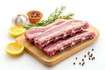Raw Lamb Ribs on Wooden Board with Herbs and Spices