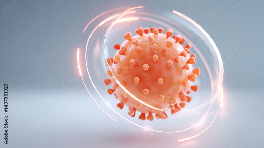 Poster 3d representation of a virus with glowing protective shield icons swirling around in a modern scient