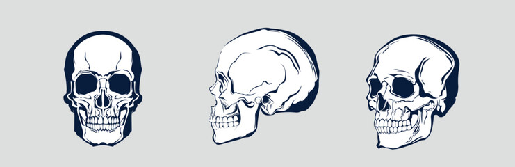 A set of vector stickers with hand-drawn human skulls. Drawn with dark abstract lines on a white background, vector skulls will add a touch of grunge to any project.