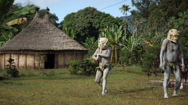 Asaro Mudmen tribe bow hunting. Papuan tribe dance. Mount Hagen tribe festival. Cultural event. Indigenous men in native costumes. High quality 4k footage