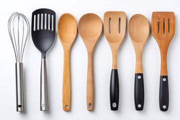 Kitchen utensils forming a line on white background