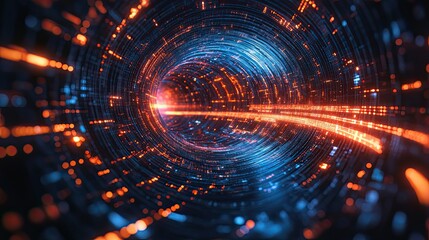 Cybersecurity concept with abstract shield and data flow.