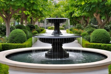 Water fountain cascading into tranquil pool in lush green park