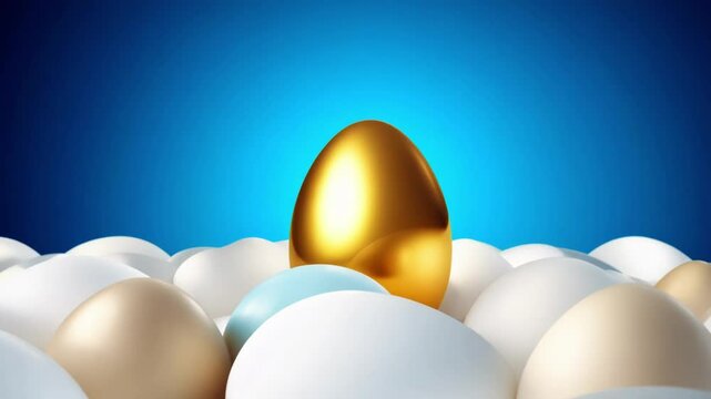 A golden egg gradually emerges from among regular white eggs against a vibrant blue background. The unique gold egg rises and becomes more prominent as the scene progresses.