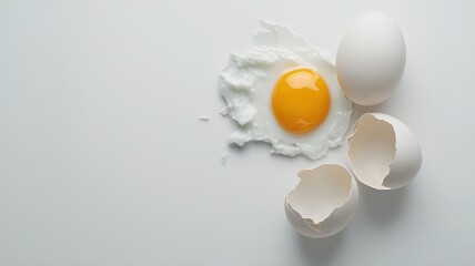 Raw Egg, Cracked Egg with Yolk, and Broken Shells on White Background - Preparation Concept egg food