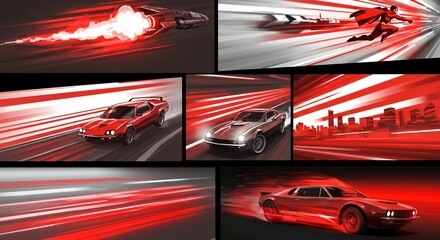 High Speed Motion Blur Red Sports Cars Superhero Futuristic Spaceship Racing Through Cityscape