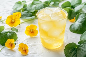 Fototapeta premium Refreshing iced drink surrounded by yellow flowers and greenery.