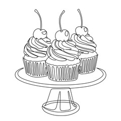 Group of cupcakes on serving tray or stand. Bakery line drawing. Hand-drawn dessert display line art. Hand drawn vector illustration with editable stroke. Isolated on transparent background.