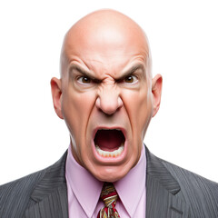 Angry bald businessman shouting isolated on white background