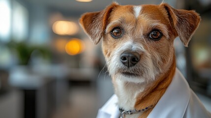 Dedicated dog dressed as a doctor in a modern clinical setting, showcasing the charm of pets in professional roles