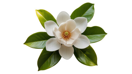 Fototapeta premium Elegant White Magnolia Blossom with Lush Green Leaves Isolated on Transparent Background
