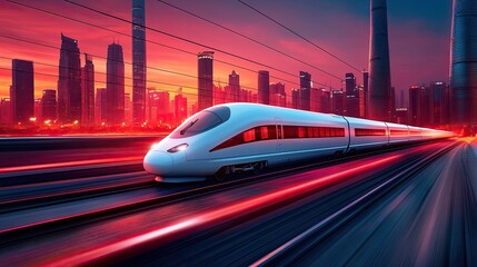 High-speed train speeding through city at sunset. (1)