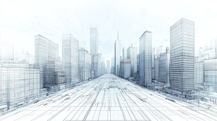 Hand-drawn cityscape with skyscrapers and busy