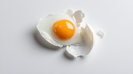 Cracked Raw Egg with Broken Shell on White Background, Overhead View egg white cracked egg raw egg