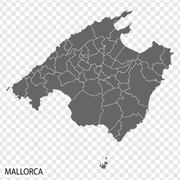 Blank map Mallorca of Spain. High quality map Mallorca with municipalities on transparent background for your web site design, logo, app, UI.  Balearic Islands.  EPS10.