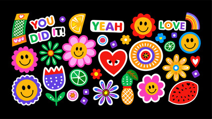 Set of colorful stickers related to  flowers, fruits, cute, kawaii, design elements, pattern, vector, illustration, art, message, "you did it", "yeah", "love", vector illustration.