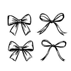 Sketch of simple decorative festive ribbon bows isolated on white background. Hand drawn silhouette of bow