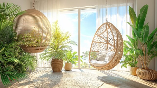 Bright and airy room features two hanging wicker chairs, lush potted plants, and sunlight streaming through large windows. Neutral color palette with natural textures.