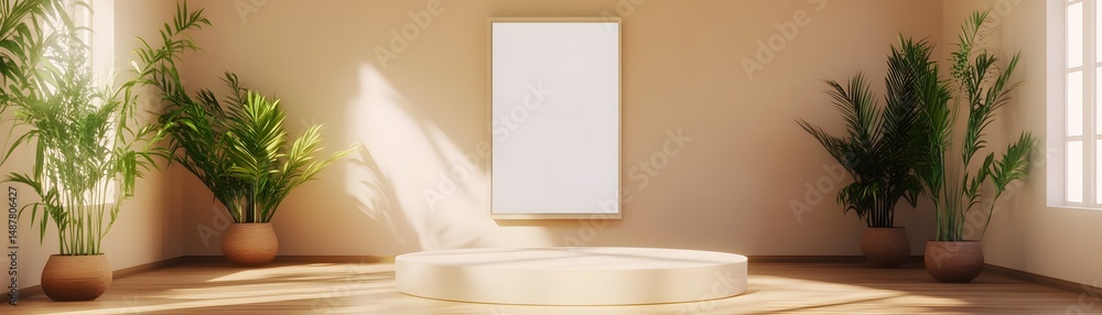 Poster empty, light-filled room with a round display platform.
