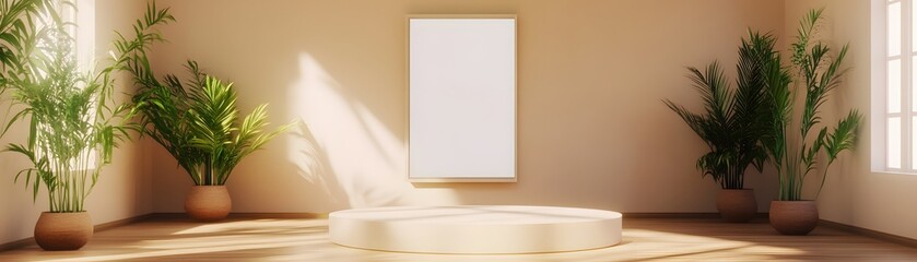 Empty, light-filled room with a round display platform.