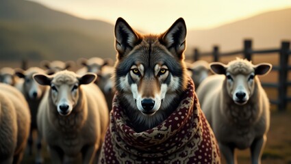 Obraz premium Wolf in sheep's clothing stock photo: deceptive predator among innocent flock image