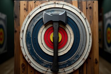 Naklejka premium A black axe with a pointed tip is stuck in the target's center, which consists of concentric circles in red