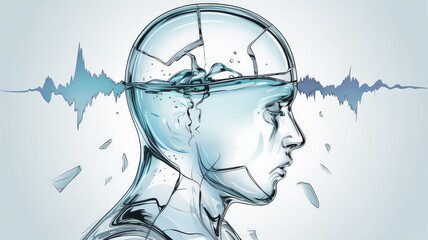 Conceptual illustration of fragile human mind with water and soundwave imagery