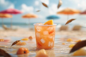 Obraz premium Refreshing beach drink in a plastic cup.