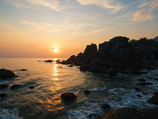Obraz premium Calm Waters, Rocky Shoreline Sunset Animation