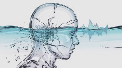 Illustration of shattered transparent head submerged in water with brain fragments