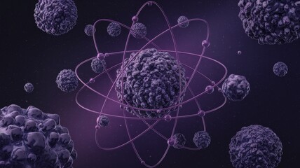 Digital illustration of atom-like structure composed of viruses and purple electron orbits in space
