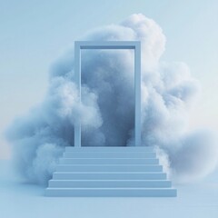 Fototapeta premium Light-blue door, steps, and clouds