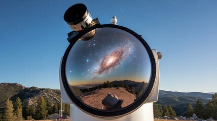 Telescope in mountain observatory reflecting starry sky and galaxy through the main lens