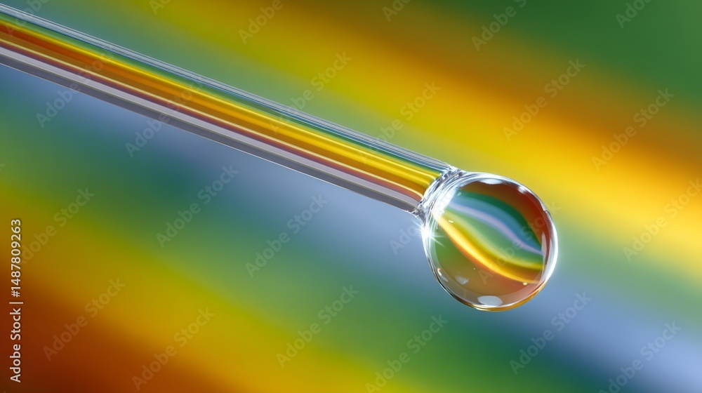 Poster droplet slowly detaching from a metallic surface with a colorful bokeh background