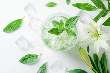 Obraz premium Refreshing drink garnished with fresh mint and lilies.