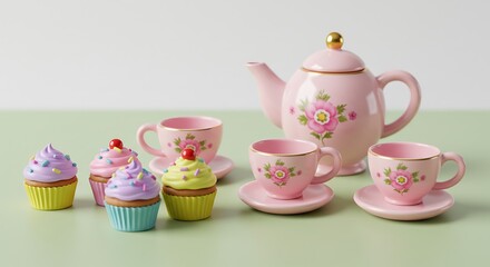 Fototapeta premium Charming Pink Tea Set with Delicate Cupcakes A Delightful Image