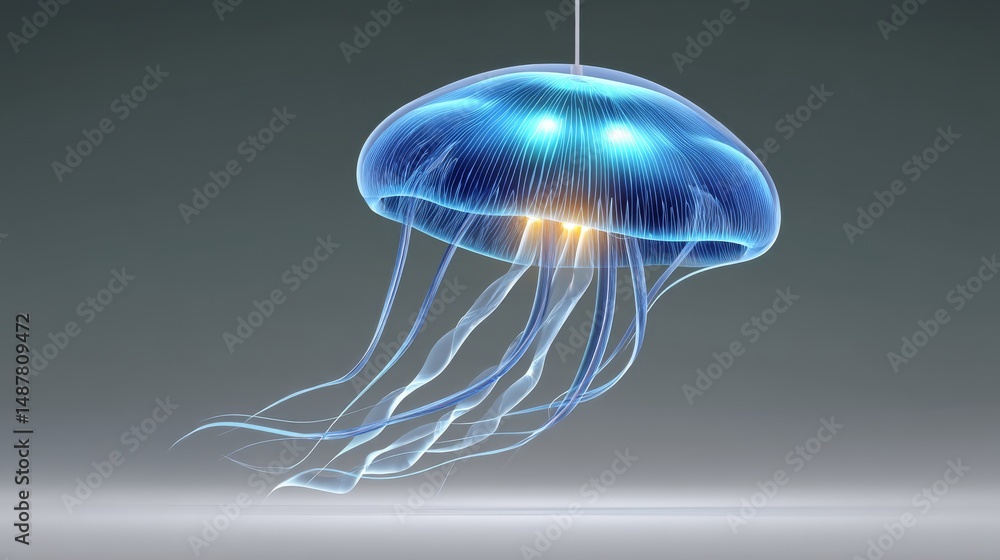Poster glowing blue jellyfish lamp pulsating against a soft gray background