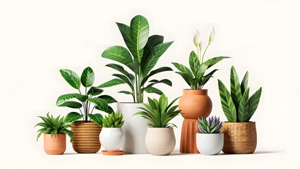 Obraz premium A collection of houseplants arranged in an organized layout against a pure white background features multiple varieties of plants.