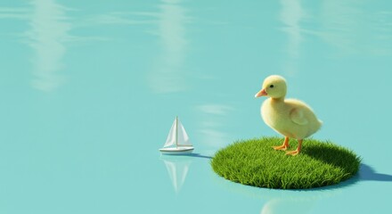 A whimsical duckling stands on a grassy islet in tranquil waters.