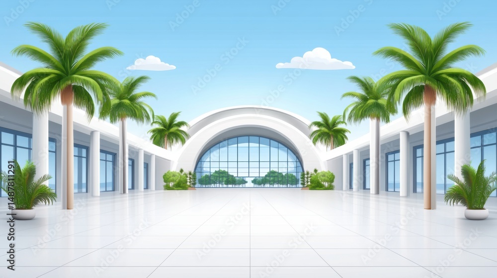 Poster bright and modern interior with palm trees and large windows in open space