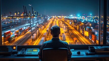 Night view of cargo port from control tower.