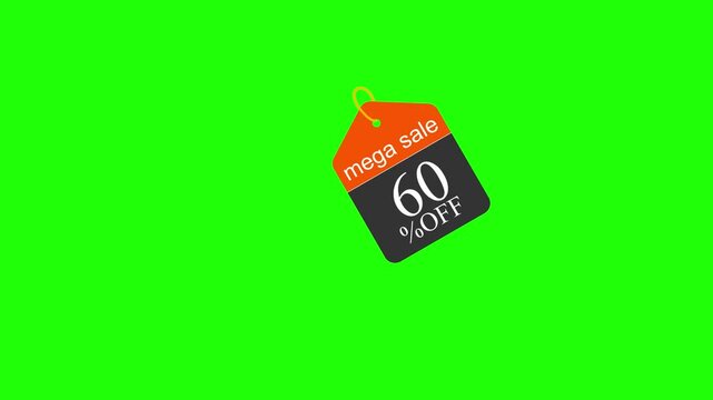 Sale tag banner hanging 4k animation 60% off or discount banner hd animation sale tag animation with alpha channels, and sale banner animation with space for text green screen