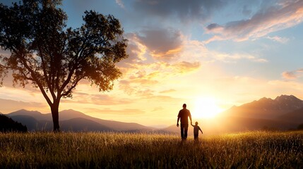 Father and Child Walking Into Sunset