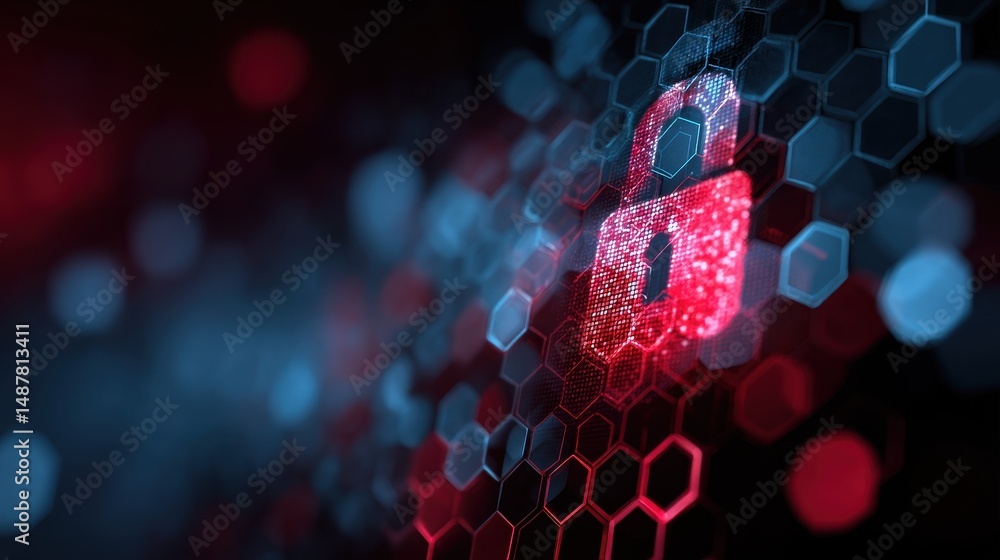 Poster digital padlock symbol in a cyber abstract background with hexagons and glowing lights representing 