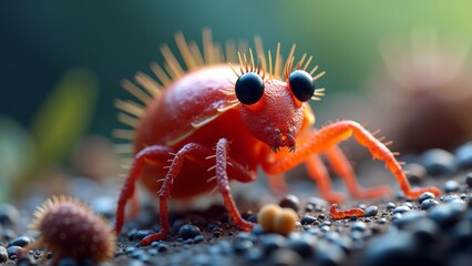 Small red ant with spiky antennae exploring the ground